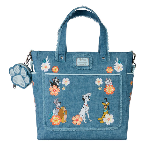 Loungefly Disney Dogs & Cats Floral Faux Denim Convertible Backpack & Tote Bag with Coin Bag
