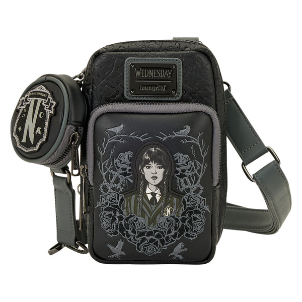 Loungefly The Addams Family Wednesday Black Roses Cell Phone Crossbody Bag with Coin Bag